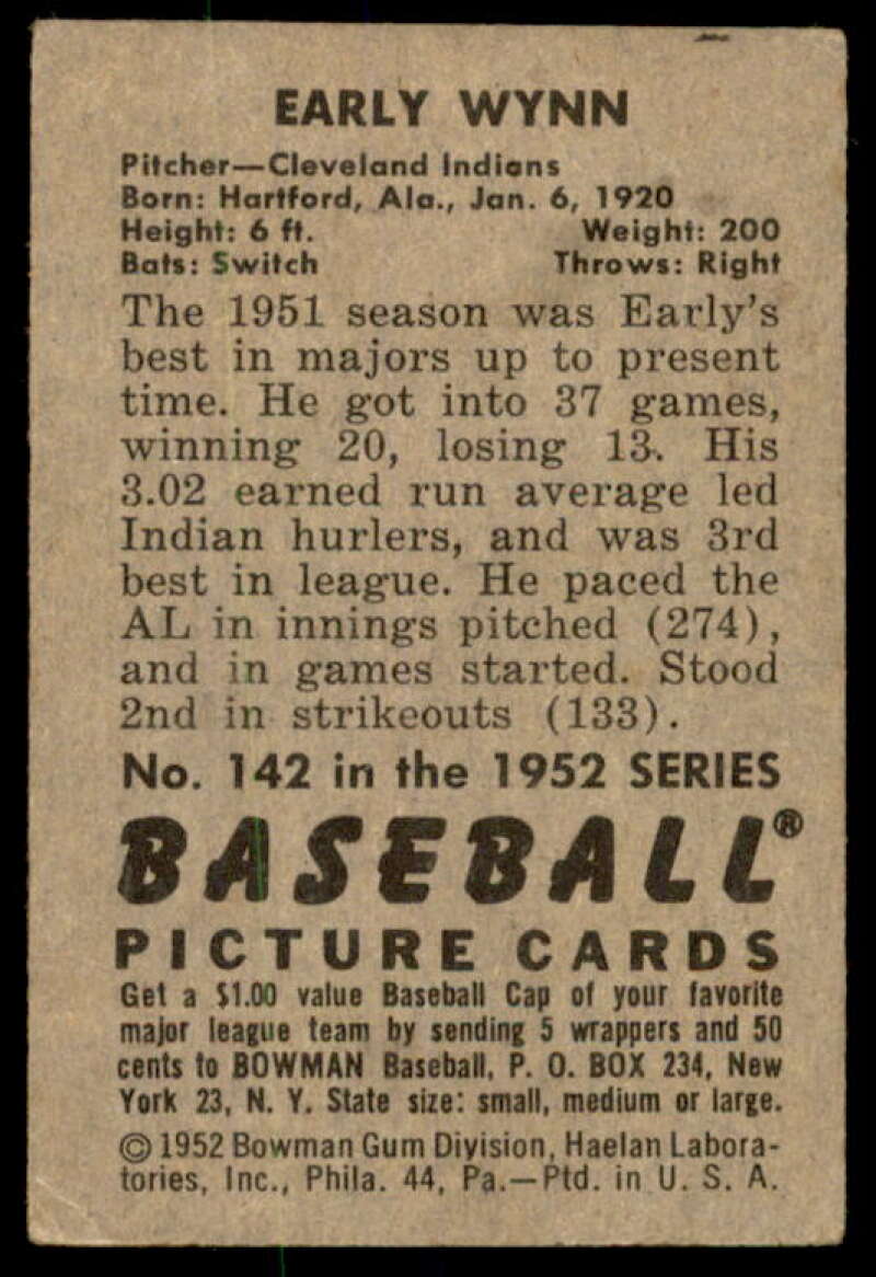 Early Wynn Card 1952 Bowman #142  Image 2