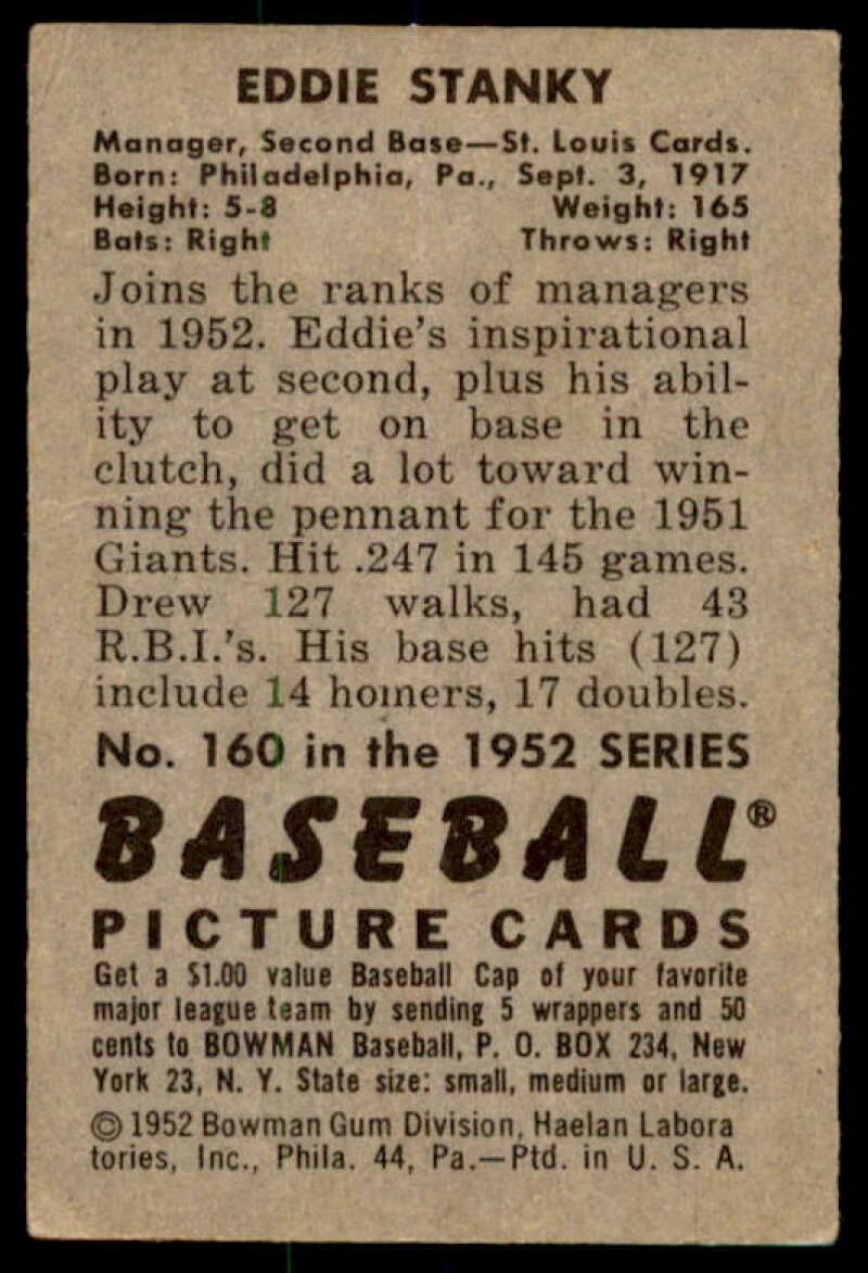 Eddie Stanky Card 1952 Bowman #160  Image 2