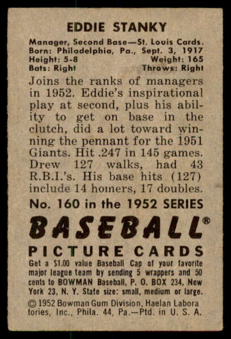 Eddie Stanky Card 1952 Bowman #160  Image 2