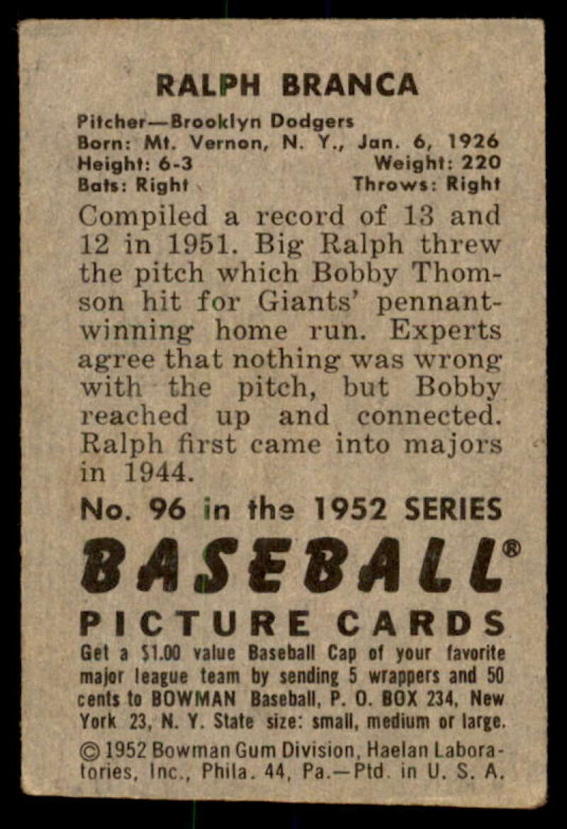Ralph Branca Card 1952 Bowman #96  Image 2