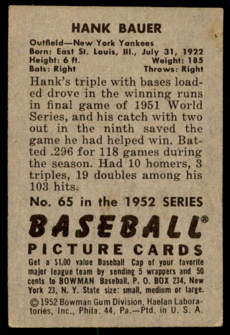 Hank Bauer Card 1952 Bowman #65  Image 2