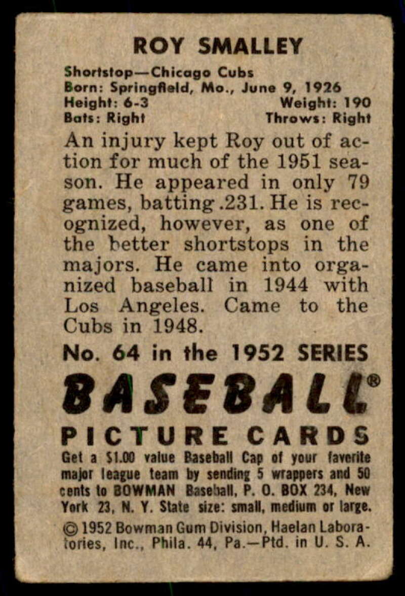 Roy Smalley Card 1952 Bowman #64  Image 2
