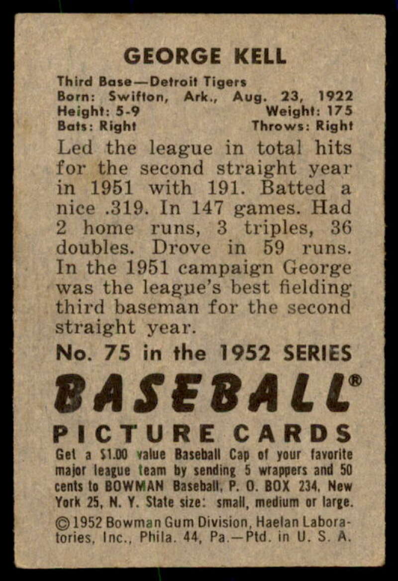 George Kell Card 1952 Bowman #75  Image 2