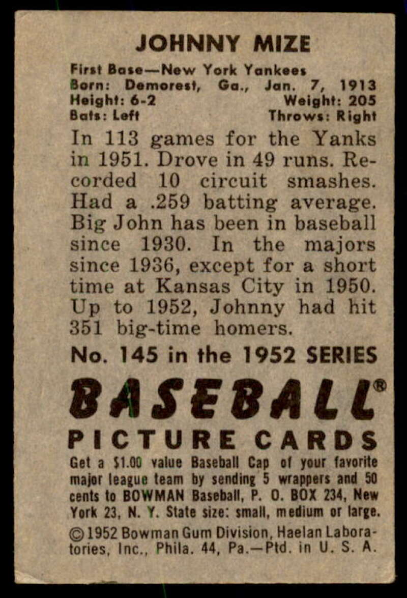 Johnny Mize Card 1952 Bowman #145  Image 2