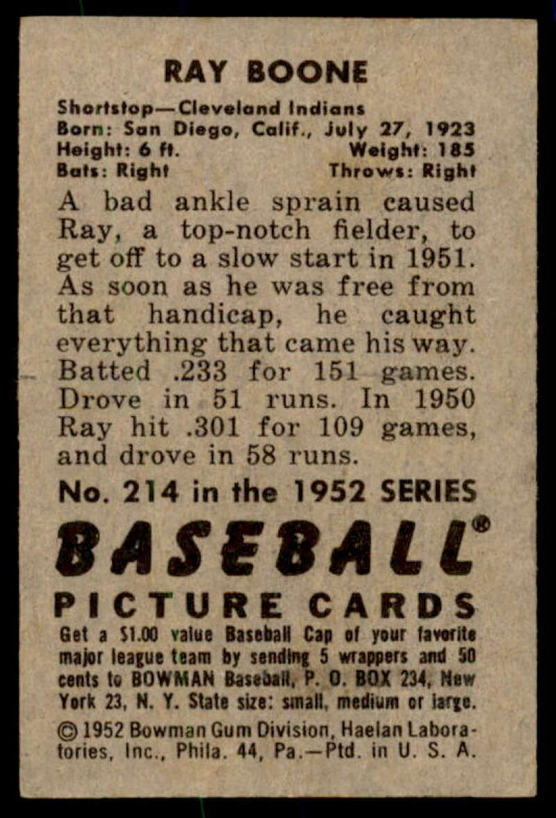 Ray Boone Card 1952 Bowman #214  Image 2