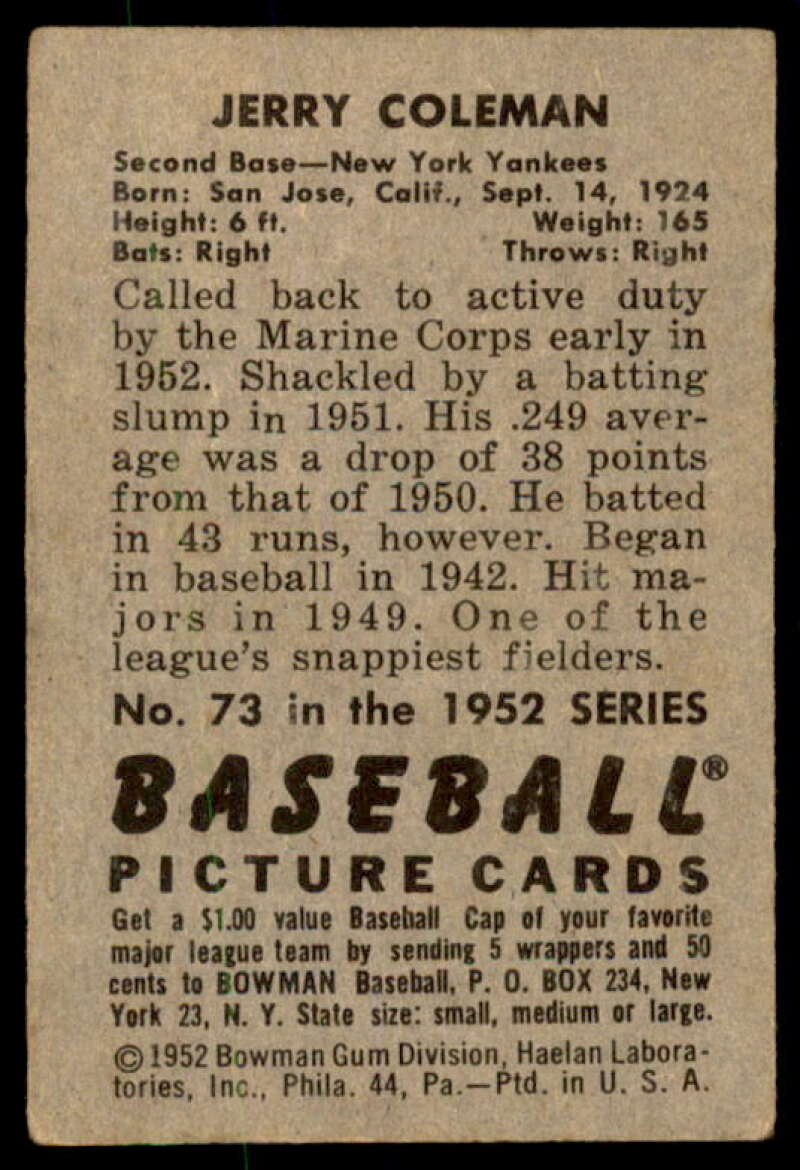Jerry Coleman Card 1952 Bowman #73  Image 2