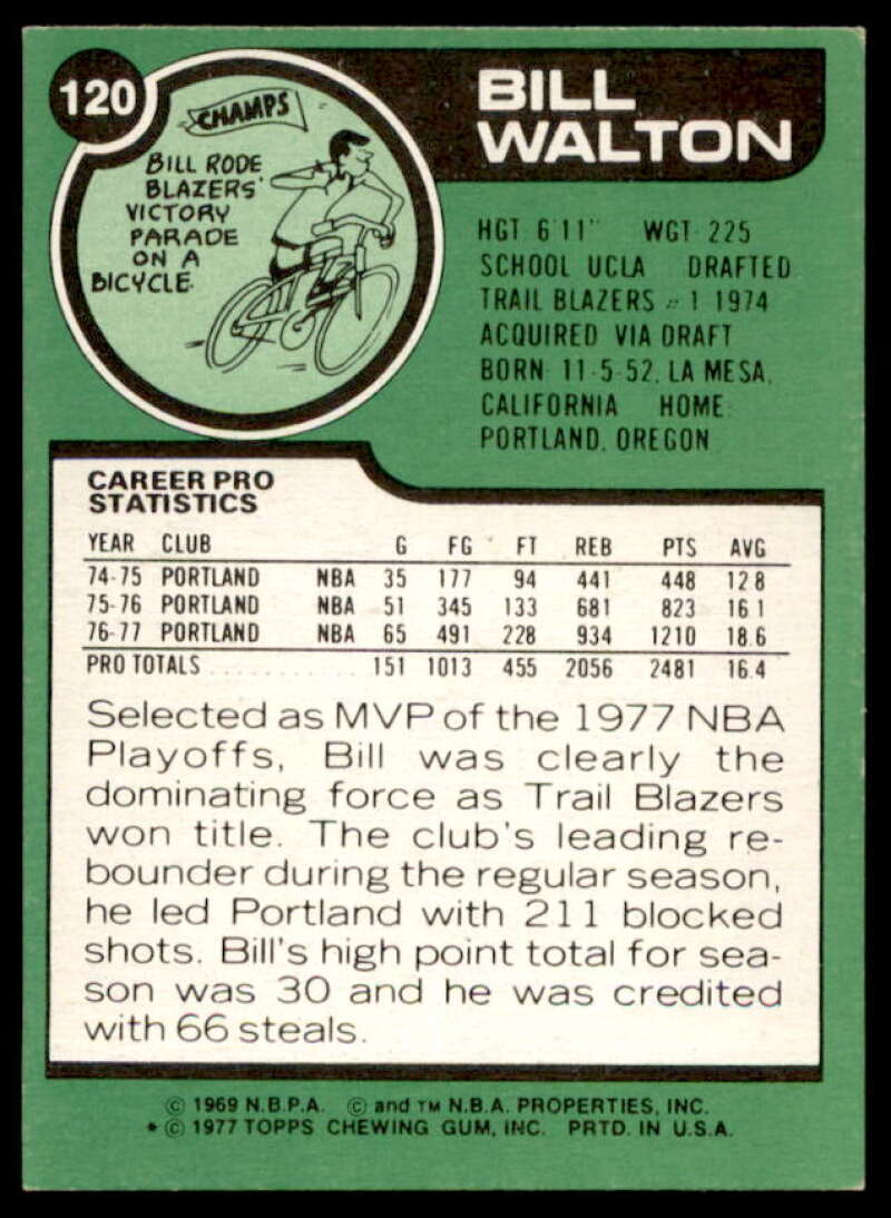 Bill Walton Card 1977-78 Topps #120  Image 2