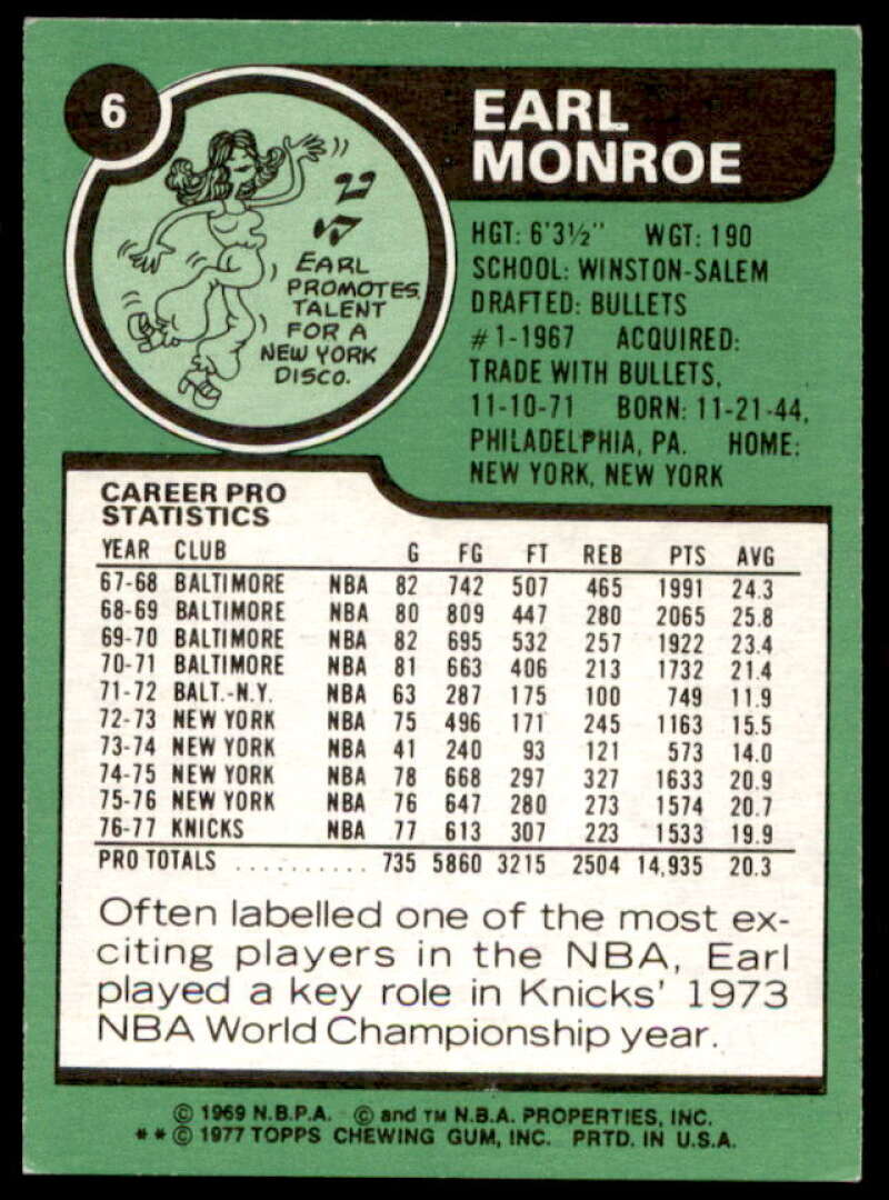 Earl Monroe Card 1977-78 Topps #6  Image 2