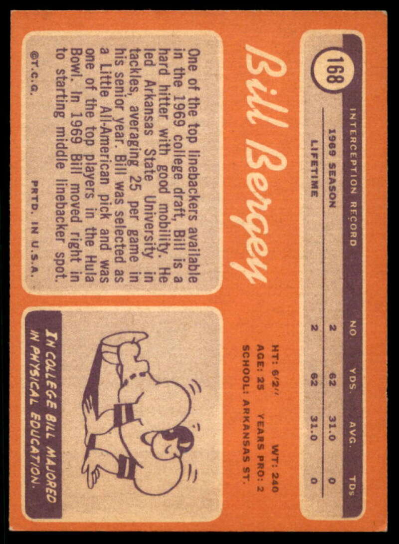 Bill Bergey Rookie Card 1970 Topps #168  Image 2
