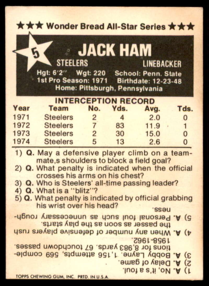 Jack Ham Card 1975 Wonder Bread #5  Image 2