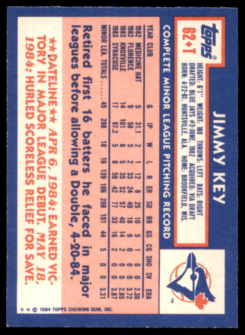 Jimmy Key XRC Rookie Card 1984 Topps Traded #62T  Image 2