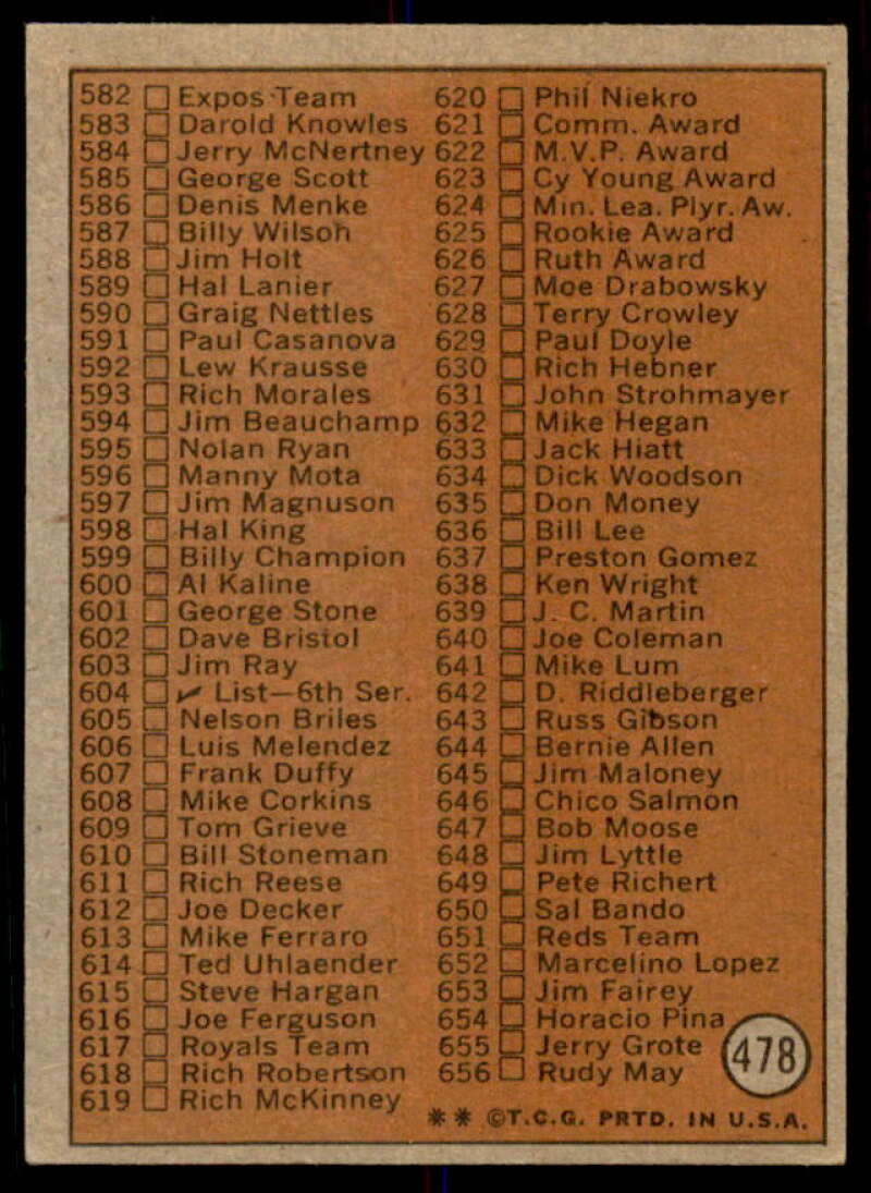 Checklist 526-656 Card 1972 Topps #478  Image 2