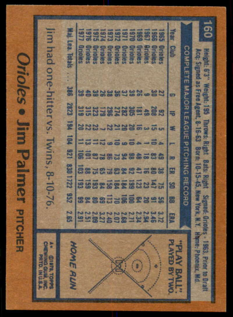 Jim Palmer Card 1978 Topps #160  Image 2