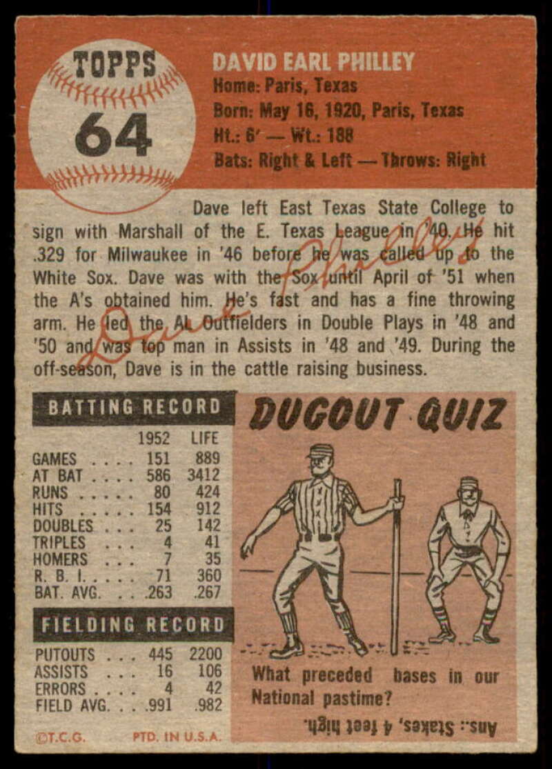 Dave Philley Card 1953 Topps #64  Image 2