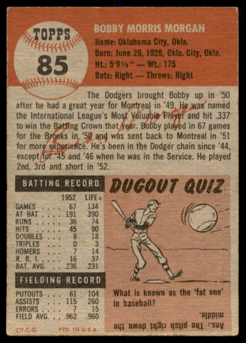 Bobby Morgan DP Card 1953 Topps #85  Image 2