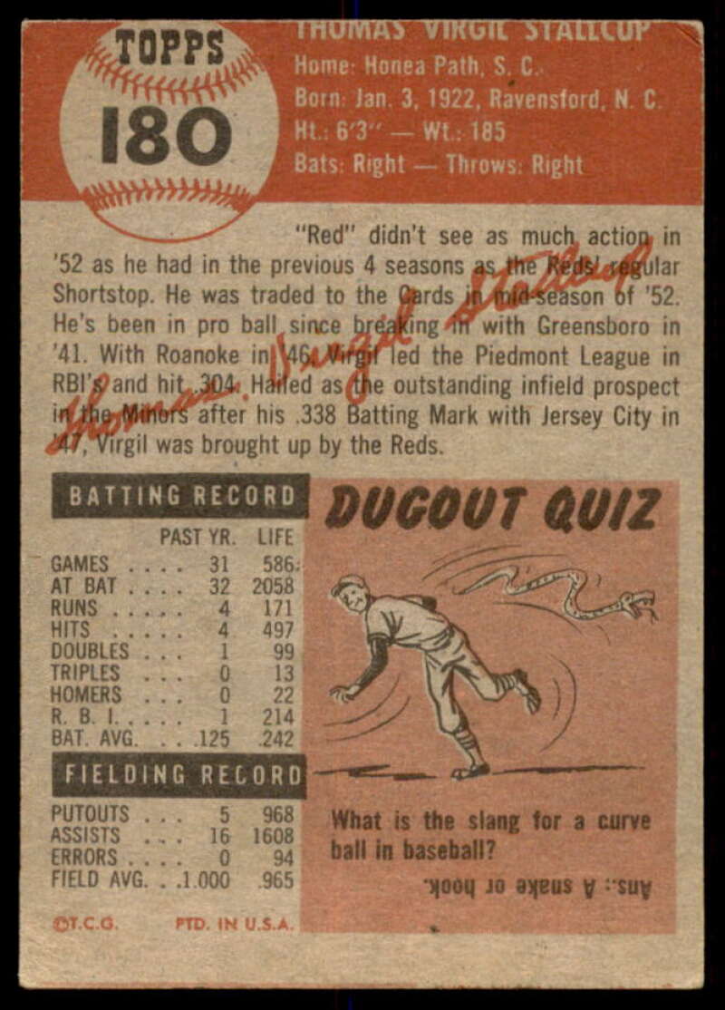 Virgil Stallcup Card 1953 Topps #180  Image 2