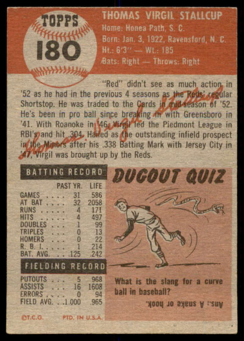 Virgil Stallcup Card 1953 Topps #180  Image 2