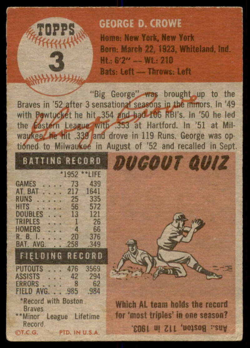 George Crowe Card 1953 Topps #3  Image 2
