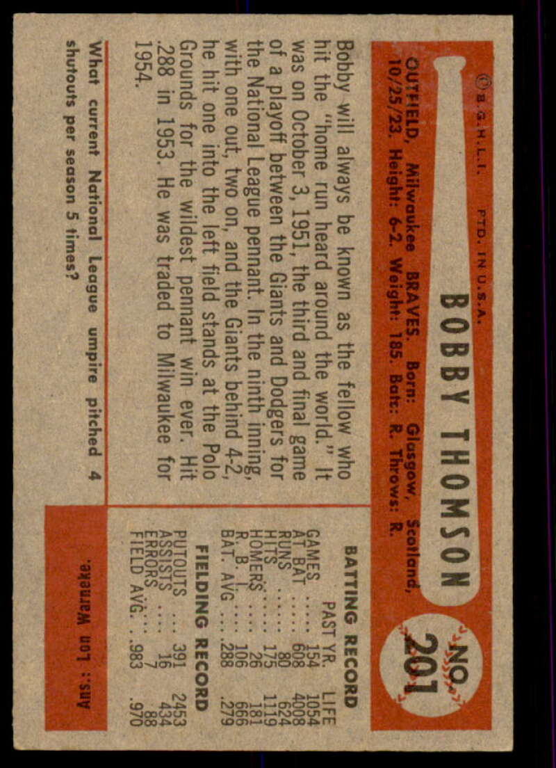 Bobby Thomson Card 1954 Bowman #201  Image 2