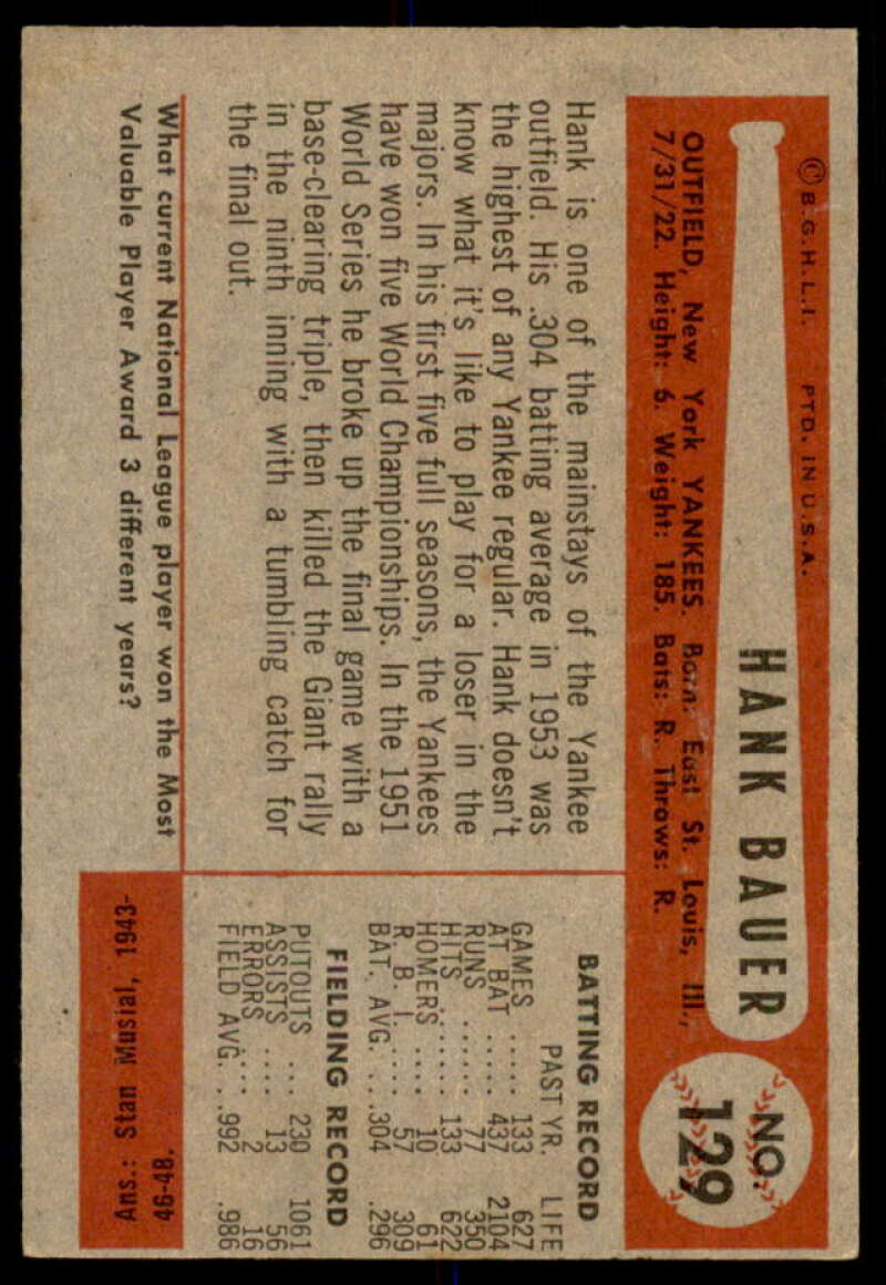 Hank Bauer Card 1954 Bowman #129  Image 2