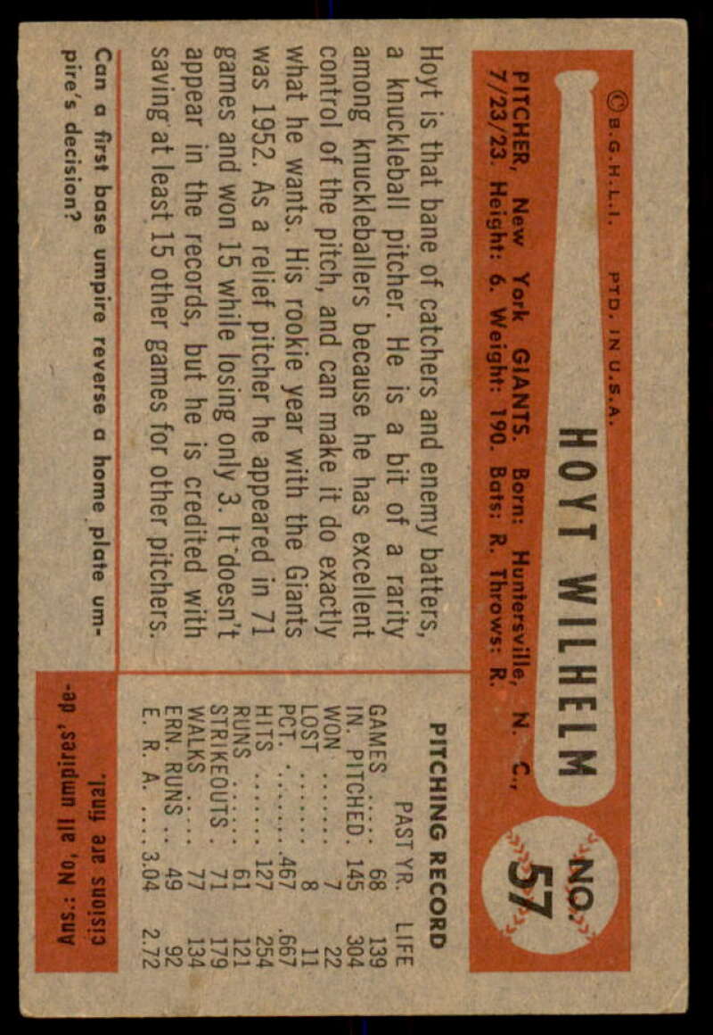 Hoyt Wilhelm Card 1954 Bowman #57  Image 2