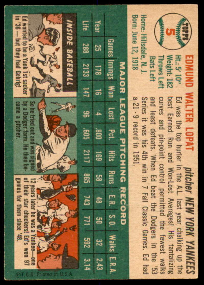 Ed Lopat Card 1954 Topps #5  Image 2