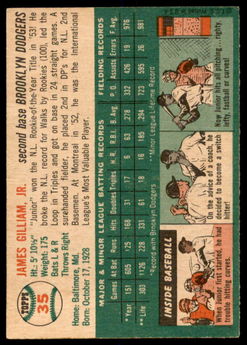 Junior Gilliam Card 1954 Topps #35  Image 2