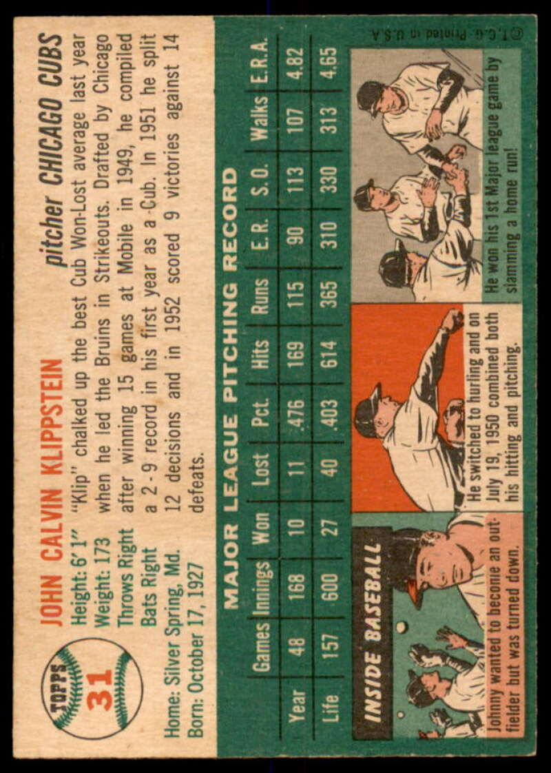 Johnny Klippstein Card 1954 Topps #31  Image 2