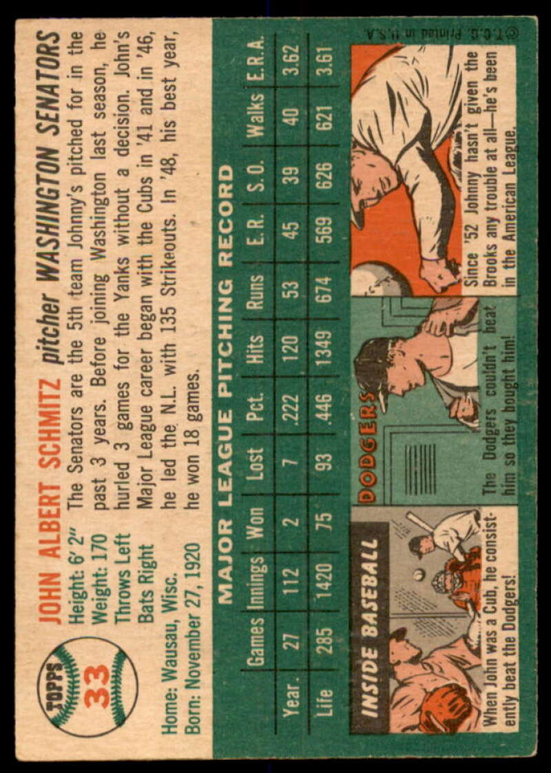 Johnny Schmitz Card 1954 Topps #33  Image 2