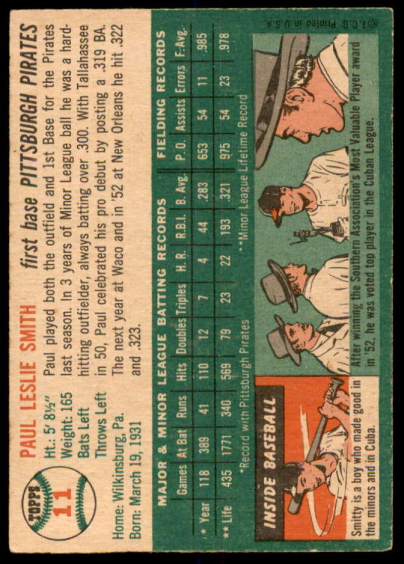 Paul Leslie Smith Rookie Card 1954 Topps #11  Image 2