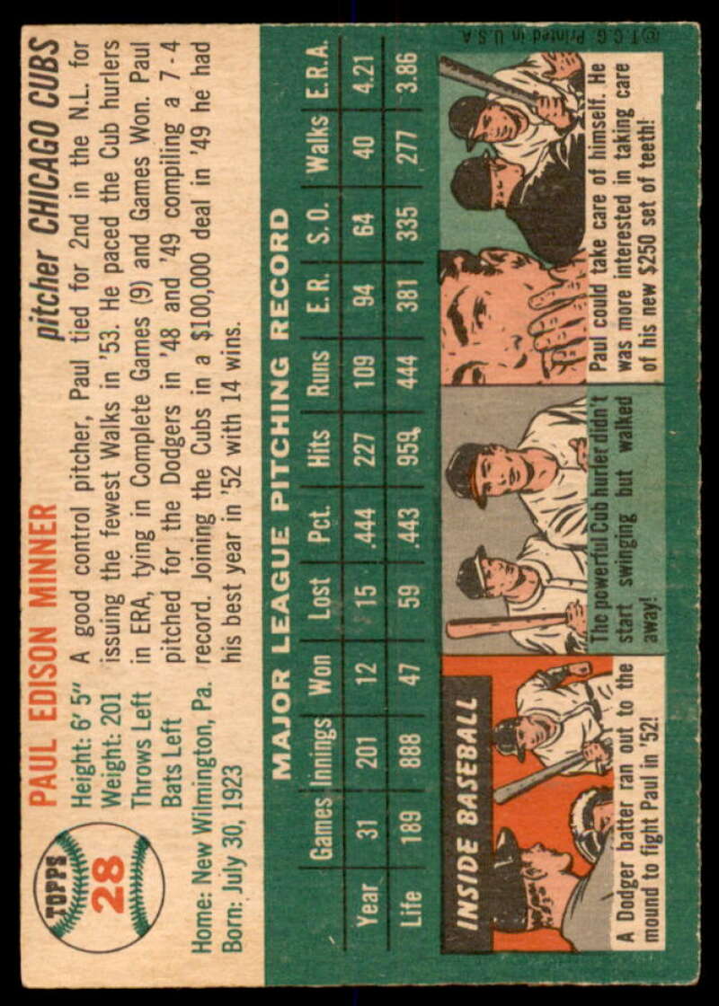 Paul Minner Card 1954 Topps #28  Image 2