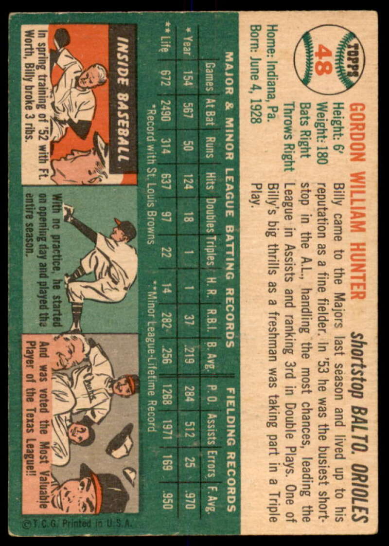 Billy Hunter Card 1954 Topps #48  Image 2