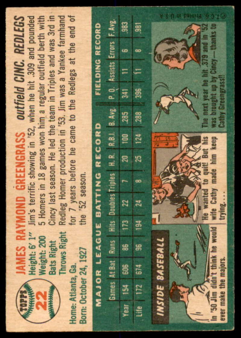 Jim Greengrass Card 1954 Topps #22  Image 2