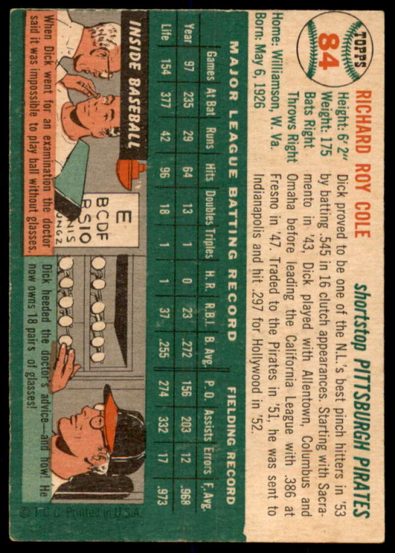 Dick Cole Rookie Card 1954 Topps #84  Image 2