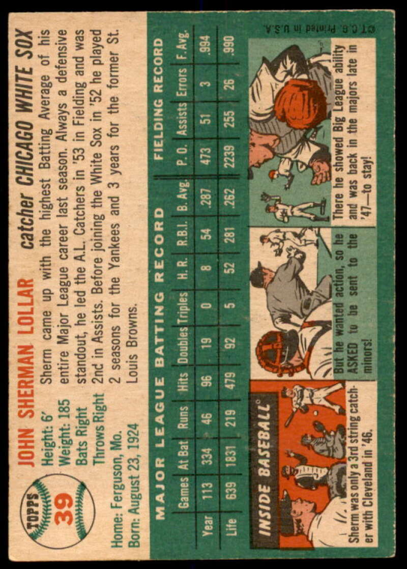 Sherm Lollar Card 1954 Topps #39  Image 2