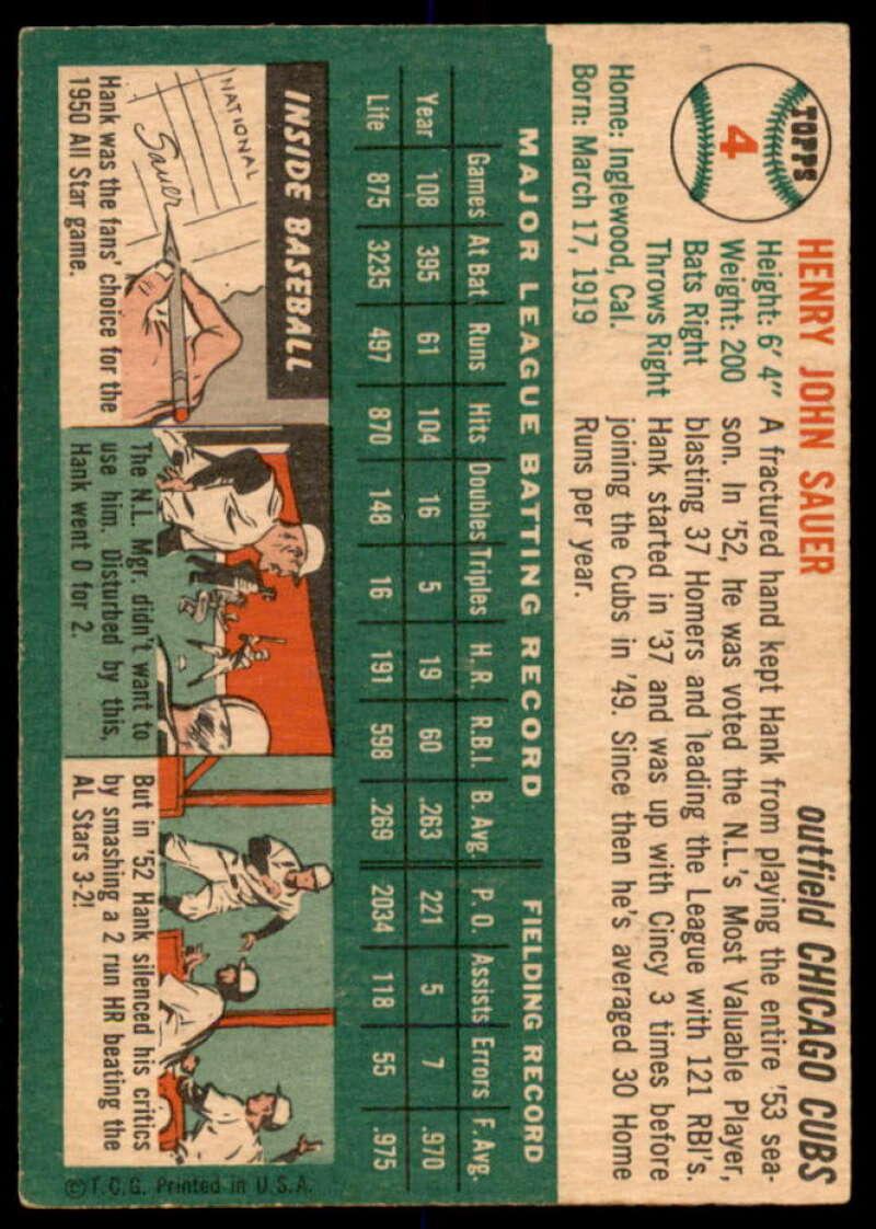 Hank Sauer Card 1954 Topps #4  Image 2