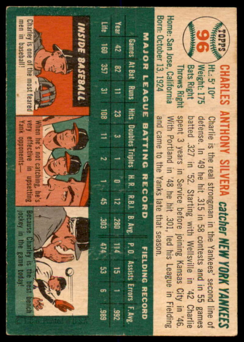 Charlie Silvera Card 1954 Topps #96  Image 2