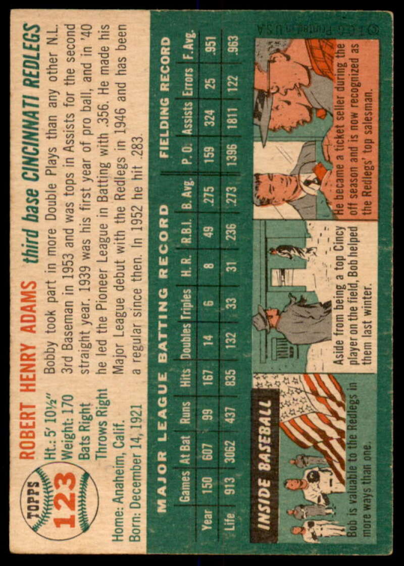Bobby Adams Card 1954 Topps #123  Image 2
