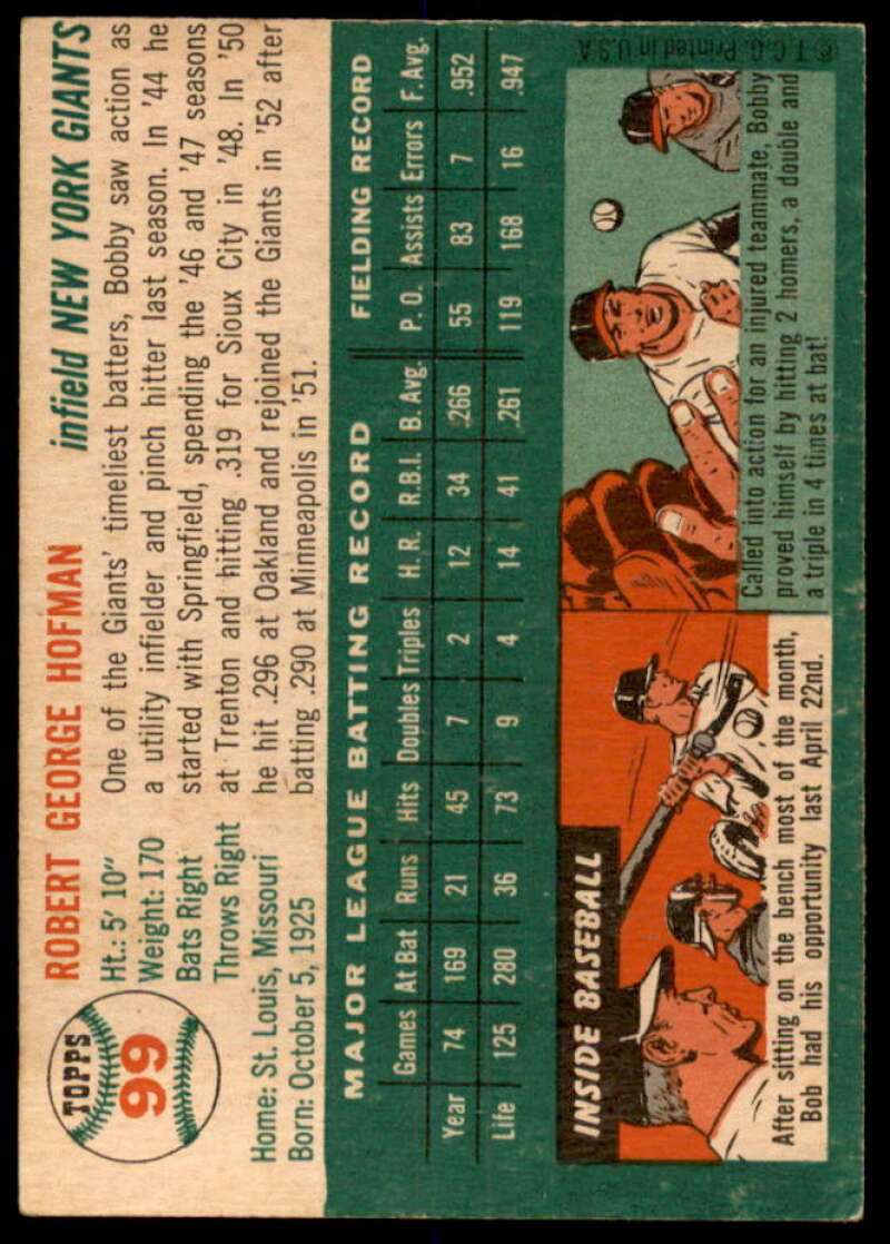 Bobby Hofman Card 1954 Topps #99  Image 2