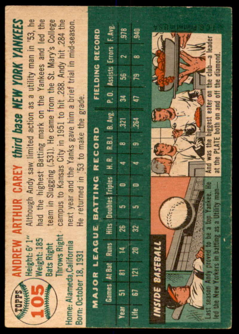 Andy Carey Card 1954 Topps #105  Image 2