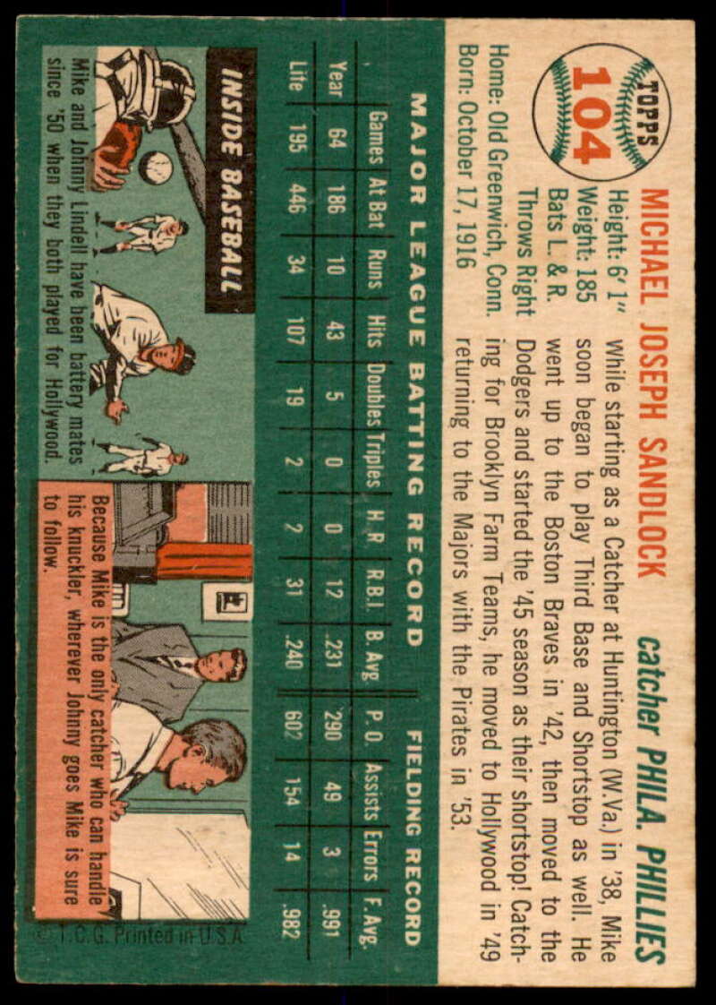 Mike Sandlock Card 1954 Topps #104  Image 2