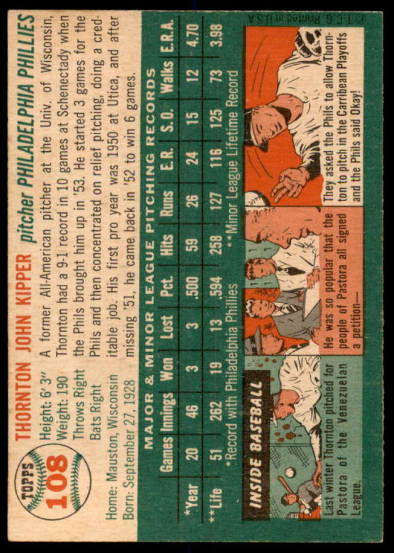 Thornton Kipper Rookie Card 1954 Topps #108  Image 2