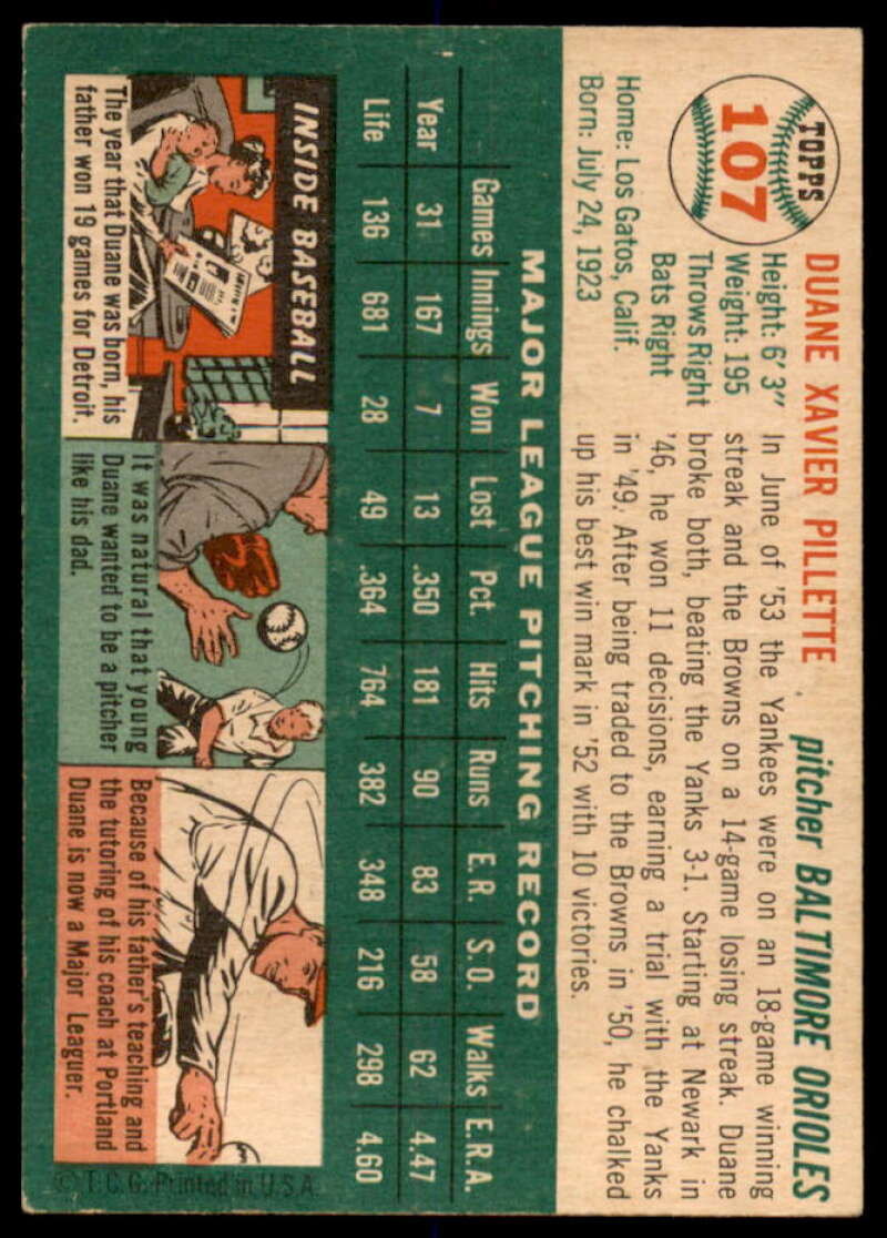 Duane Pillette Card 1954 Topps #107  Image 2