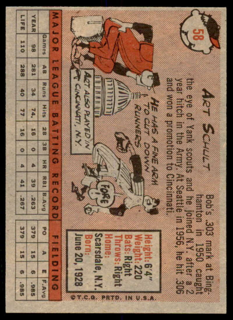 Art Schult Card 1958 Topps #58A  Image 2