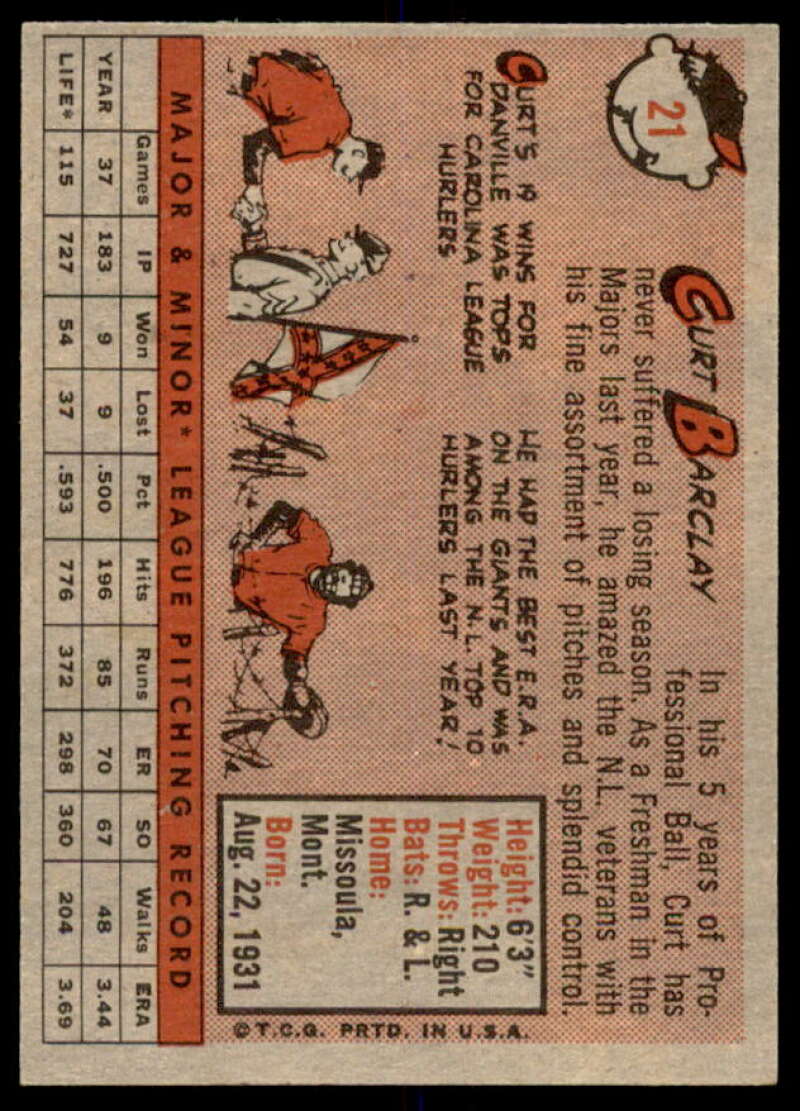 Curt Barclay Card 1958 Topps #21  Image 2
