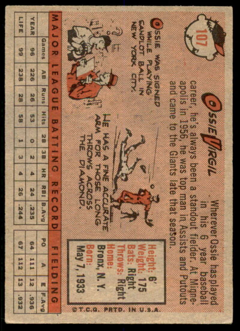 Ossie Virgil Card 1958 Topps #107  Image 2