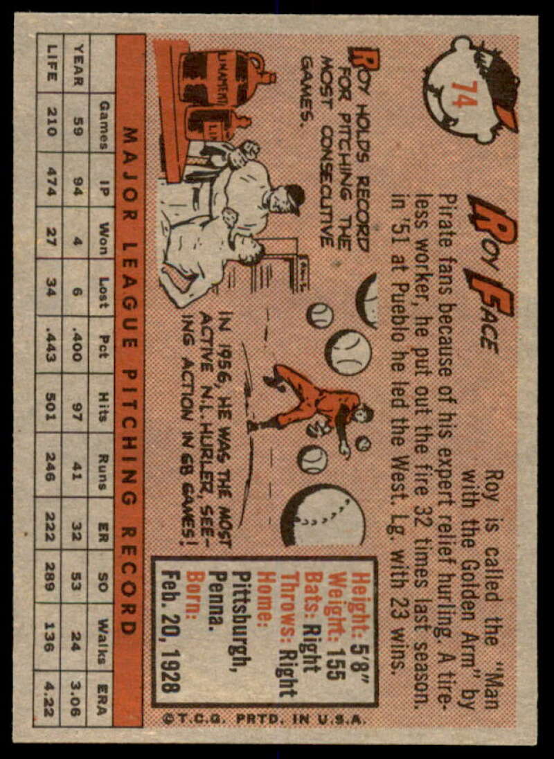 Roy Face Card 1958 Topps #74  Image 2