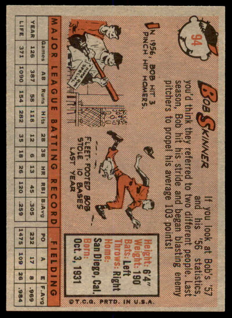 Bob Skinner Card 1958 Topps #94  Image 2