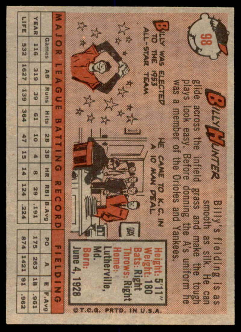 Billy Hunter Card 1958 Topps #98A  Image 2