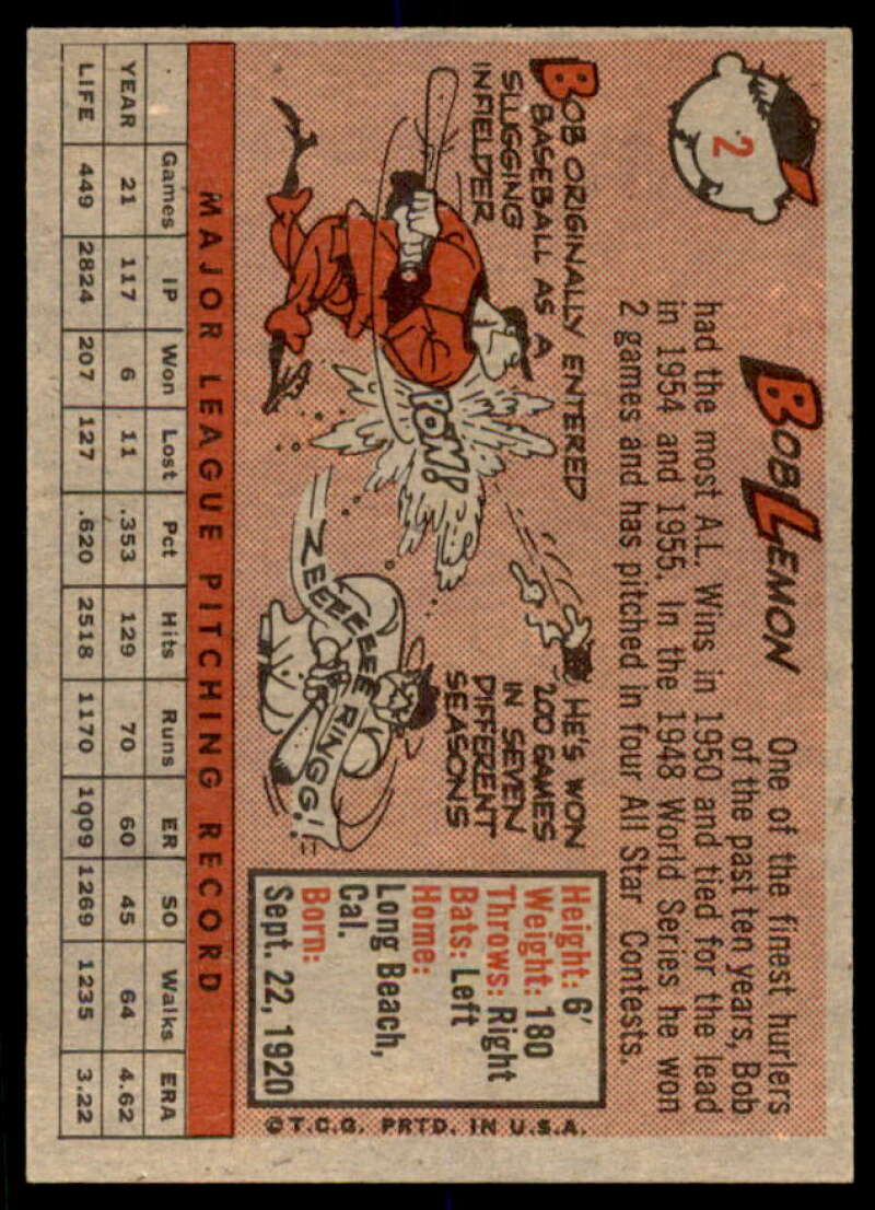 Bob Lemon Card 1958 Topps #2A  Image 2